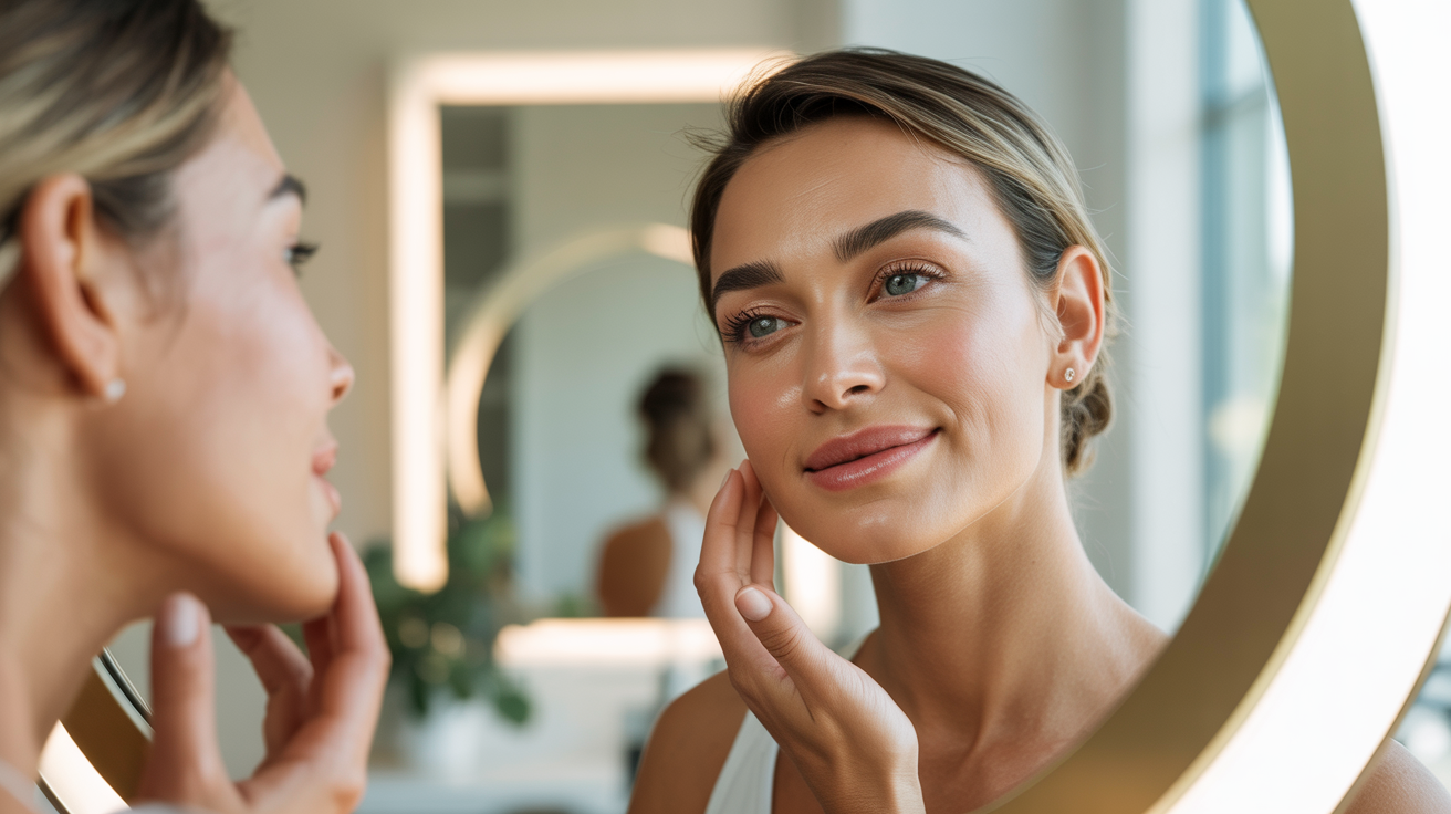Confident woman with glowing skin in luxury clinic